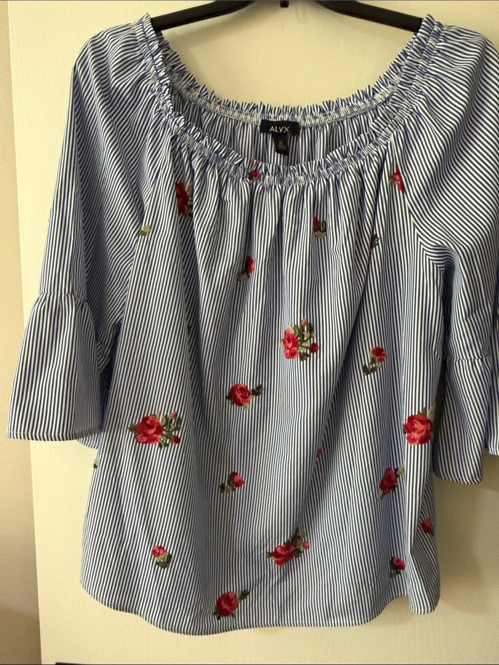 Alyx Blue & White Striped Off-Shoulder Blouse with Red Rose Accents